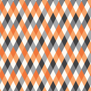 Frank and Friends DIAMONDS ORANGE C17473-ORANGE by 56-Riley Blake features a repeating argyle pattern in orange, black, gray, and white—ideal for premium cotton quilting or monster mash fabric projects.