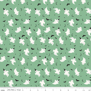 Frank and Friends GHOSTS GREEN C17475-GREEN by 56-Riley Blake features white ghosts, black bats, and crescent moons on green. Ideal for Halloween projects or quilting; available by the yard. Measurement scale shown at the bottom edge.