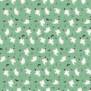 Frank and Friends GHOSTS GREEN C17475-GREEN by 56-Riley Blake features white cartoon ghosts, black bats, and crescent moons on green. Premium cotton quilting fabric, perfect for Halloween projects. Sold by the yard.