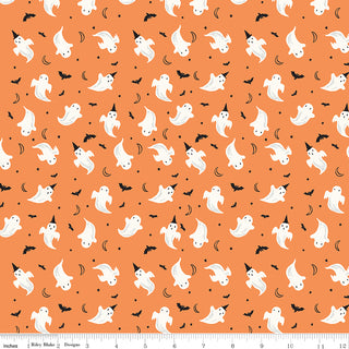 Frank and Friends GHOSTS ORANGE C17475-ORANGE by 56-Riley Blake features premium orange cotton with white cartoon ghosts, black bats, yellow moons, and a measuring scale—perfect for your next quilting or monster mash project.