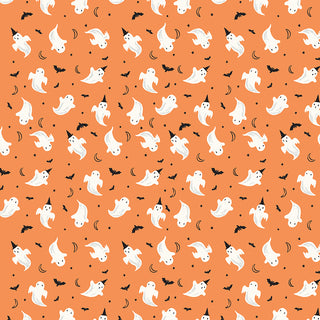 Frank and Friends GHOSTS ORANGE C17475-ORANGE Fabric Yardage by 56-Riley Blake features a seamless pattern of white ghosts, black bats, and crescent moons on orange—ideal for quilting or your next Halloween project.