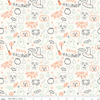 Frank and Friends HALLOWEEN ICONS CLOUD C17476-CLOUD by 56-Riley Blake features ghosts, skulls, spiders, webs, pumpkins, candy, cauldrons, stars, and "Happy Halloween" on a light background—ideal for quilting or festive fabric projects.