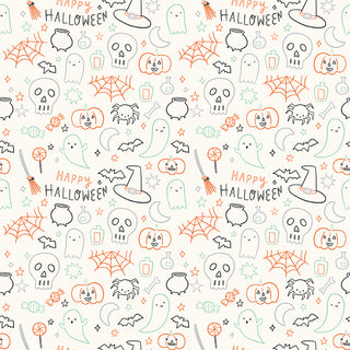 Frank and Friends HALLOWEEN ICONS CLOUD C17476-CLOUD Fabric Yardage by 56-Riley Blake features hand-drawn ghosts, skulls, pumpkins, webs, cauldrons, bats & candy on a light background with "Happy Halloween"—ideal for festive quilting cotton.