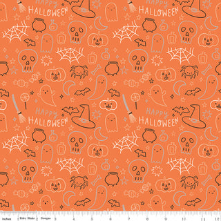 Frank and Friends HALLOWEEN ICONS ORANGE C17476-ORANGE by 56-Riley Blake features seamless orange fabric with ghost, bat, spider web, and pumpkin outlines plus "Happy Halloween" text—ideal for festive quilting or sewing projects.