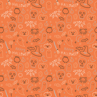 Frank and Friends HALLOWEEN ICONS ORANGE C17476-ORANGE by 56-Riley Blake features outlined ghosts, spider webs, bats, pumpkins, candy, and “Happy Halloween”—premium cotton perfect for festive quilting projects.