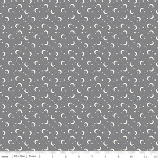 Frank and Friends MOONS & STARS GRAY C17477-GRAY by 56-Riley Blake features a gray background with white crescent moons, small stars, and an inch ruler border. Premium cotton fabric, ideal for quilting projects, sold by the yard.