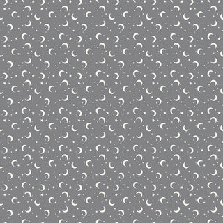 Frank and Friends MOONS & STARS GRAY C17477-GRAY by 56-Riley Blake features a gray background with white crescent moons and stars—ideal for premium cotton quilting fabric by the yard.