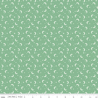 Frank and Friends MOONS & STARS GREEN C17477-GREEN by 56-Riley Blake: seamless green cotton quilting fabric with white crescent moons and stars, inch ruler along the bottom—ideal for quilting by the yard.