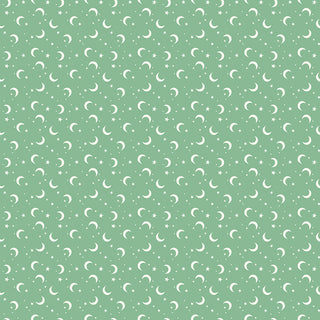 Frank and Friends MOONS & STARS GREEN C17477-GREEN by 56-Riley Blake features white crescent moons, stars, and dots on green premium cotton—perfect for quilting or your next monster mash fabric project. Available by the yard.