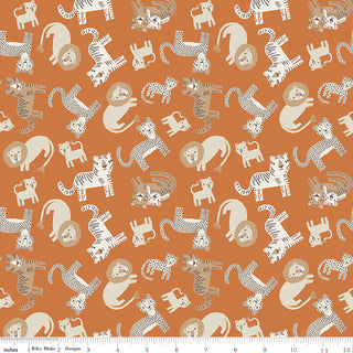 Leo & Savannah by Deena Rutter C17541-ORANGE Animal Toss Orange Fabric by Riley Blake features illustrated lions, tigers, leopards, and monkeys on rust orange cotton, 44" wide and sold by the yard with a ruler scale at the bottom.
