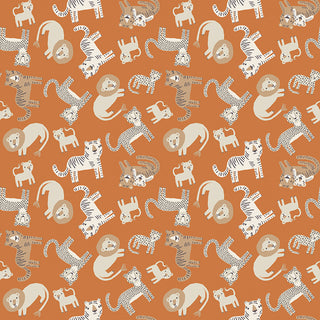 Leo & Savannah by Deena Rutter C17541-ORANGE Animal Toss Orange from Fabric by Riley Blake features illustrated lions, tigers, and leopards on orange fabric. This 44" wide cotton quilting fabric is sold by the yard—great for creative projects.