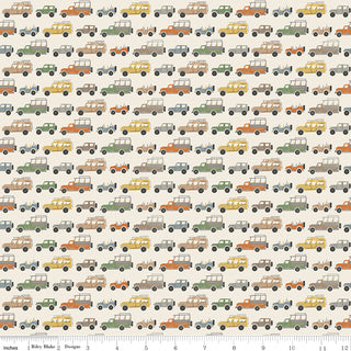 Leo & Savannah by Deena Rutter C17542-CREAM Rovers Cream Fabric Yardage from Riley Blake features small vintage cars in various colors on a cream background, arranged in rows. This 44" wide cotton quilting fabric is sold by the yard.
