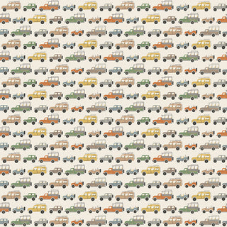 Leo & Savannah by Deena Rutter C17542-CREAM Rovers Cream Fabric Yardage from Fabric by Riley Blake features rows of vintage cars in muted tones on a light background, perfect for quilting. Sold by the yard, 44 inches wide.