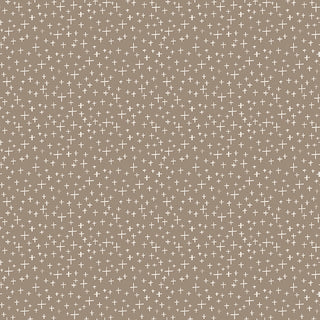 Leo & Savannah by Deena Rutter C17545-TAUPE Criss Cross Taupe, a 44" wide cotton quilting fabric from Fabric by Riley Blake, features a seamless pattern of white plus signs on light brown and is sold by the yard.