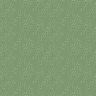 Leo & Savannah by Deena Rutter C17546-GREEN Terrain Green Fabric Yardage from Fabric by Riley Blake features a green background with small, white, randomly oriented triangles. Perfect 44" wide cotton quilting fabric, sold by the yard for creative projects.