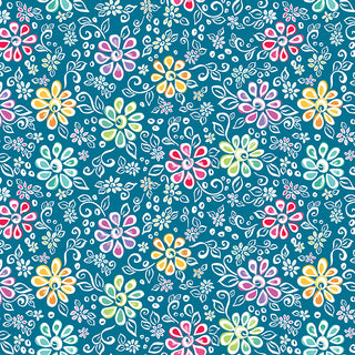 Chasing Rainbows Leslie Ryan for RBD MAIN PARADISE C18010-PARADISE Fabric Yardage by 56-Riley Blake features a seamless pattern of colorful, stylized flowers and white leafy doodles on a blue background—ideal for quilting cotton or crafting unique projects with this premium fabric by the yard.
