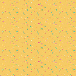 Chasing Rainbows Leslie Ryan for RBD Garden Sprinkles Daffodil C18016-DAFFODIL fabric by 56-Riley Blake features a seamless yellow background with a grid of small, repeating pink, blue, and white floral patterns—perfect quilting cotton sold by the yard with free shipping.