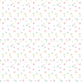 Chasing Rainbows Leslie Ryan for Riley Blake GARDEN SPRINKLES WHITE C18016-WHITE features an evenly spaced, seamless pattern of small, colorful floral and geometric shapes on a crisp white background—ideal for premium quilting cotton projects or purchasing fabric by the yard.