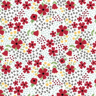 Discover the Lori Whitlock for RBD Little Ladybug C18030-WHITE Main White by 56-Riley Blake, featuring a seamless pattern of red and yellow flowers with green leaves and small black accents on a white background—perfect for premium cotton quilting projects or as fabric by the yard.