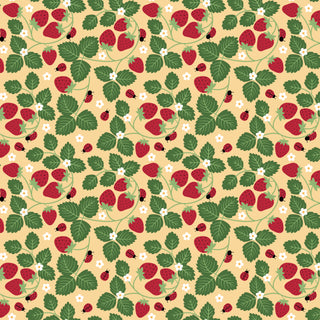 Lori Whitlock for Riley Blake’s Little Ladybug C18031-YELLOW Strawberries Yellow features a seamless pattern of strawberries, green leaves, white flowers, and ladybugs on a yellow background—perfect for quilting cotton or premium fabric by the yard.