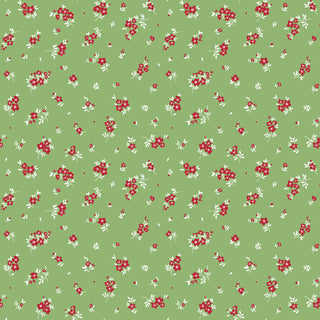 Lori Whitlock for RBD Little Ladybug C18033-GREEN Mini Flowers Green by 56-Riley Blake features a green background adorned with a repeating pattern of small red flowers and white leaves, evenly scattered across premium cotton fabric—ideal for quilting projects or available by the yard.