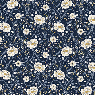 The Danelys Sidron for RBD Before the Bloom C18060-INDIGO Main Indigo by 56-Riley Blake features a seamless pattern of cream and white flowers with green leaves and gold accents on a dark blue background. This premium cotton fabric is ideal for projects that require high-quality quilting fabric by the yard.