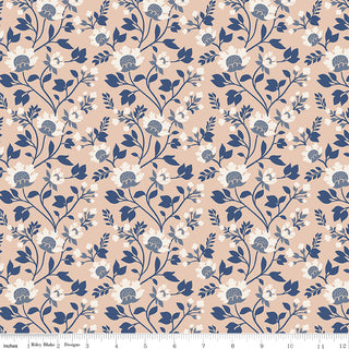 Danelys Sidron for RBD Before the Bloom C18061-BLUSH Florence Blush by 56-Riley Blake features a seamless pattern of blue and white flowers with leaves on a light pink background, perfect for quilting fabric projects; a ruler at the bottom shows measurements in inches.