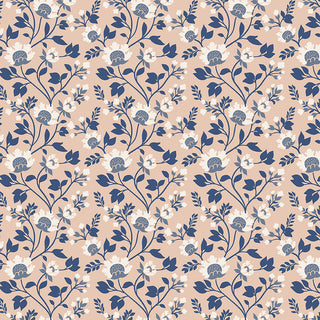 Introducing the Danelys Sidron for RBD Before the Bloom C18061-BLUSH Florence Blush by 56-Riley Blake—a seamless pattern showcasing dark blue and white floral motifs with leaves on a light beige background, ideal for premium cotton fabric and quilting fabric projects.
