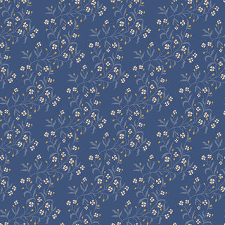 Featuring a blue background with a repeating pattern of delicate white and yellow flowers and light blue leaves on curving stems, Danelys Sidron for RBD Before the Bloom C18062-DENIM Astrid Denim from 56-Riley Blake is a premium cotton fabric perfect for quilting projects sold by the yard.