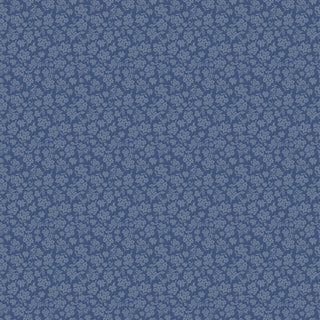 Viola Denim from the Danelys Sidron for RBD Before the Bloom collection (C18063-DENIM) by 56-Riley Blake features a blue background with a repeating pattern of light blue flowers and leaves, evenly spaced throughout—perfect for creating beautiful projects with this premium cotton fabric.