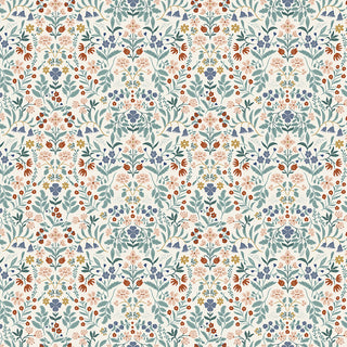 Danelys Sidron for RBD Before the Bloom C18064-CREAM Iris Cream by 56-Riley Blake features a symmetrical, decorative floral pattern with blue, orange, and yellow flowers and green leaves on a white background—perfect for premium cotton fabric and ideal for your next quilting project.