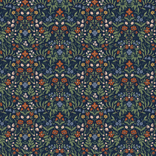 Sure! Here’s a rewritten sentence using your product data: Danelys Sidron for RBD Before the Bloom C18064-INDIGO Iris Indigo by 56-Riley Blake features a seamless floral pattern with dense, symmetrical arrangements of orange, blue, and cream flowers with green foliage on a dark background—ideal for premium cotton quilting fabric sold by the yard.