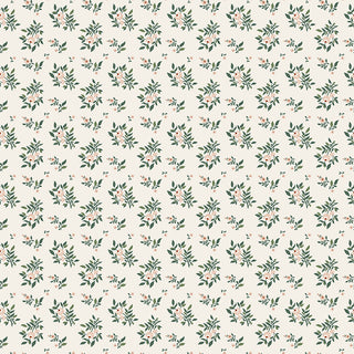 Adorn your quilting projects with the Danelys Sidron for RBD Before the Bloom C18065-CREAM Juniper Cream by 56-Riley Blake. This premium cotton fabric features a pattern of small green leafy branches with pink flowers, evenly spaced and repeated on a light beige background, providing both softness and durability by the yard.