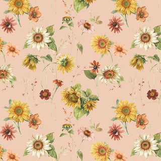 Riley Blake Sunflower Whispers by Lisa Audit CD16670-BLUSH features a seamless pattern of watercolor sunflowers and wildflowers with green leaves on blush pink 100% cotton.