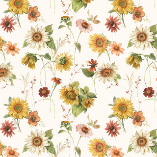 Riley Blake Sunflower Whispers by Lisa Audit Fabric (CD16670-CREAM) features watercolor sunflowers and wildflowers in yellow, orange, and pink on cream 100% cotton—perfect for quilting or crafts. From Riley Blake’s Sunflower Whispers collection.