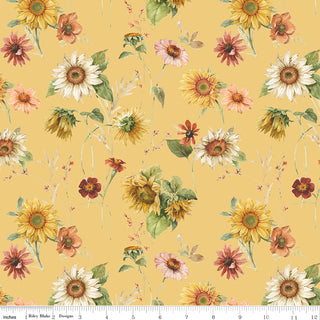Riley Blake Sunflower Whispers by Lisa Audit Fabric CD16670-YELLOW features watercolor sunflowers and wildflowers on 100% cotton with a yellow background and a measurement ruler along the bottom edge. Brand: Fabric by Riley Blake.