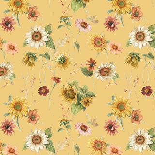 Riley Blake Sunflower Whispers by Lisa Audit Fabric CD16670-YELLOW features a seamless sunflower and wildflower pattern with green leaves on a mustard yellow background, printed on 100% premium cotton.
