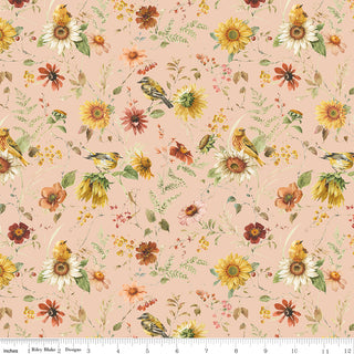 The Riley Blake Sunflower Whispers by Lisa Audit Fabric CD16671-BLUSH Prairie Blush features a seamless floral pattern with sunflowers, birds, and greenery on blush pink. Made from 100% cotton. Ruler in inches shown for scale.