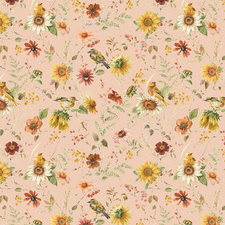 Riley Blake Sunflower Whispers by Lisa Audit Fabric CD16671-BLUSH Prairie Blush features a seamless pattern of birds, sunflowers, and wildflowers on blush pink 100% cotton—perfect for vibrant quilting projects.