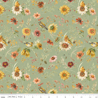 Riley Blake Sunflower Whispers by Lisa Audit Fabric CD16671-GREEN Prairie Green features yellow birds on sunflowers and colorful blooms over a muted green 100% cotton backdrop, with a measuring scale at the bottom. Brand: Fabric by Riley Blake.