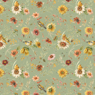 Featuring colorful flowers and small birds on a muted green background, Riley Blake Sunflower Whispers by Lisa Audit Prairie Green (CD16671-GREEN) is 100% cotton from Fabric by Riley Blake.