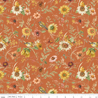 Riley Blake Sunflower Whispers by Lisa Audit, Prairie Pumpkin (CD16671-PUMPKIN) features birds, butterflies, and flowers on a rust-orange 100% cotton fabric. Shown with a bottom ruler for scale. Brand: Fabric by Riley Blake.