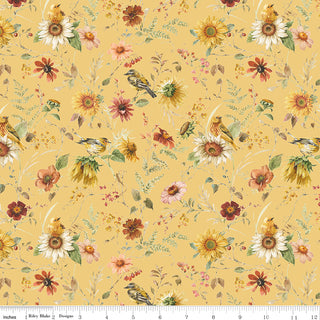 Riley Blake Sunflower Whispers by Lisa Audit Prairie Yellow fabric features sunflowers, daisies, wildflowers, birds, foliage, and a measurement ruler along the bottom edge. 100% cotton. Brand: Fabric by Riley Blake.