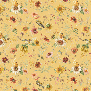 Seamless floral pattern with sunflowers, daisies, small birds, and wildflowers on yellow. Riley Blake Sunflower Whispers by Lisa Audit, Prairie Yellow (CD16671-YELLOW), 100% cotton. Brand: Fabric by Riley Blake.