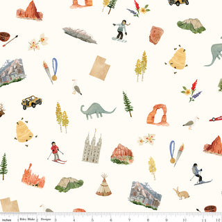 Discover Riley Blake Kelsey Carlson Utah Main Cream fabric, featuring watercolor outdoor scenes, animals, and landmarks. Sold by the yard with free shipping from Fabric by Riley Blake—perfect for your next creative project.