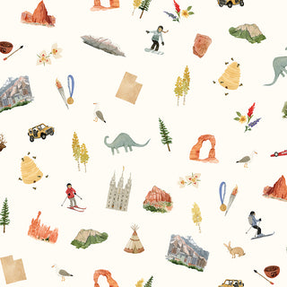 Riley Blake Kelsey Carlson Utah Main Cream CD17020-CREAM by Fabric by Riley Blake features mountains, skiers, dinosaurs, beehives, landmarks, animals & more on cream. Sold by the yard with free shipping.