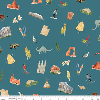 The Riley Blake Kelsey Carlson Utah Main Teal CD17020-TEAL fabric features Utah landmarks, nature, wildlife, and outdoor activities on teal. Sold by the yard with free shipping from Fabric by Riley Blake; includes a ruler at the bottom.