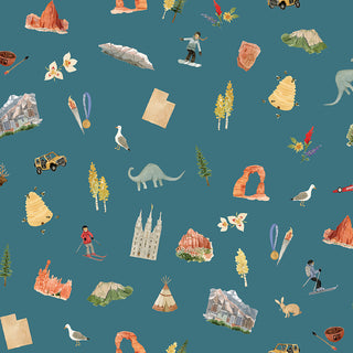 The Riley Blake Kelsey Carlson Utah Main Teal CD17020-TEAL fabric by Riley Blake features Utah-inspired icons on a blue background. Sold by the yard with free shipping.