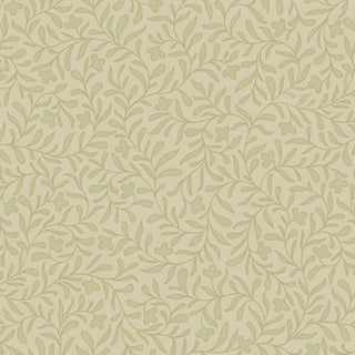 Featuring a beige background with an olive green repeating pattern of delicate, leafy vines and small abstract leaves, the Cider Mill PNBCMIL-6222-A HARVEST VINE Fabric Yardage by 47-EE Schenck offers a charming botanical and decorative wallpaper-inspired design—ideal for premium cotton fabric or quilting cotton projects available by the yard.