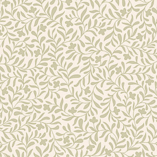 Featuring a beige background adorned with a repeating pattern of light green leafy vines and scattered small leaves, the Cider Mill PNBCMIL-6222-EG HARVEST VINE Fabric Yardage by 47-EE Schenck is premium cotton fabric—ideal for quilting projects or as fabric by the yard for any creative endeavor.